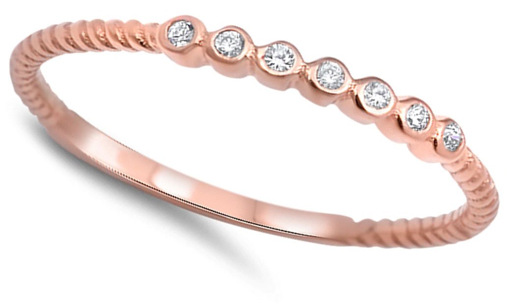 Rose Gold-Tone White CZ Wedding Ring .925 Sterling Silver Thin Band Size 3