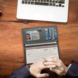 Black RFID Leather Checkbook Cover With Credit Card Slots and Pen Holder