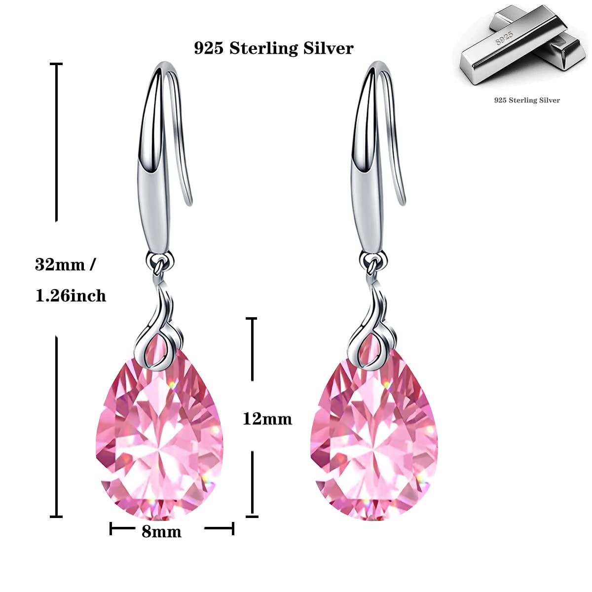 ML S925 Sterling Silver 12mm Naked Drill Swarovski Element Crystal Earrings For Women (Earrings Pink color)