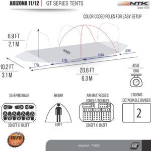 NTK Arizona GT 12 Person Tent for Family Camping | 20.6x10 ft Camping Tent with 2 Rooms, 2 Doors, 100% Waterproof Dome & Breathable Mesh | Outdoor Tent | 2500 mm Warm & Cold Weather Family Tent