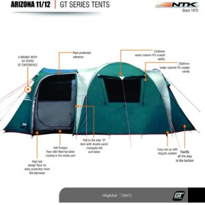 NTK Arizona GT 12 Person Tent for Family Camping | 20.6x10 ft Camping Tent with 2 Rooms, 2 Doors, 100% Waterproof Dome & Breathable Mesh | Outdoor Tent | 2500 mm Warm & Cold Weather Family Tent