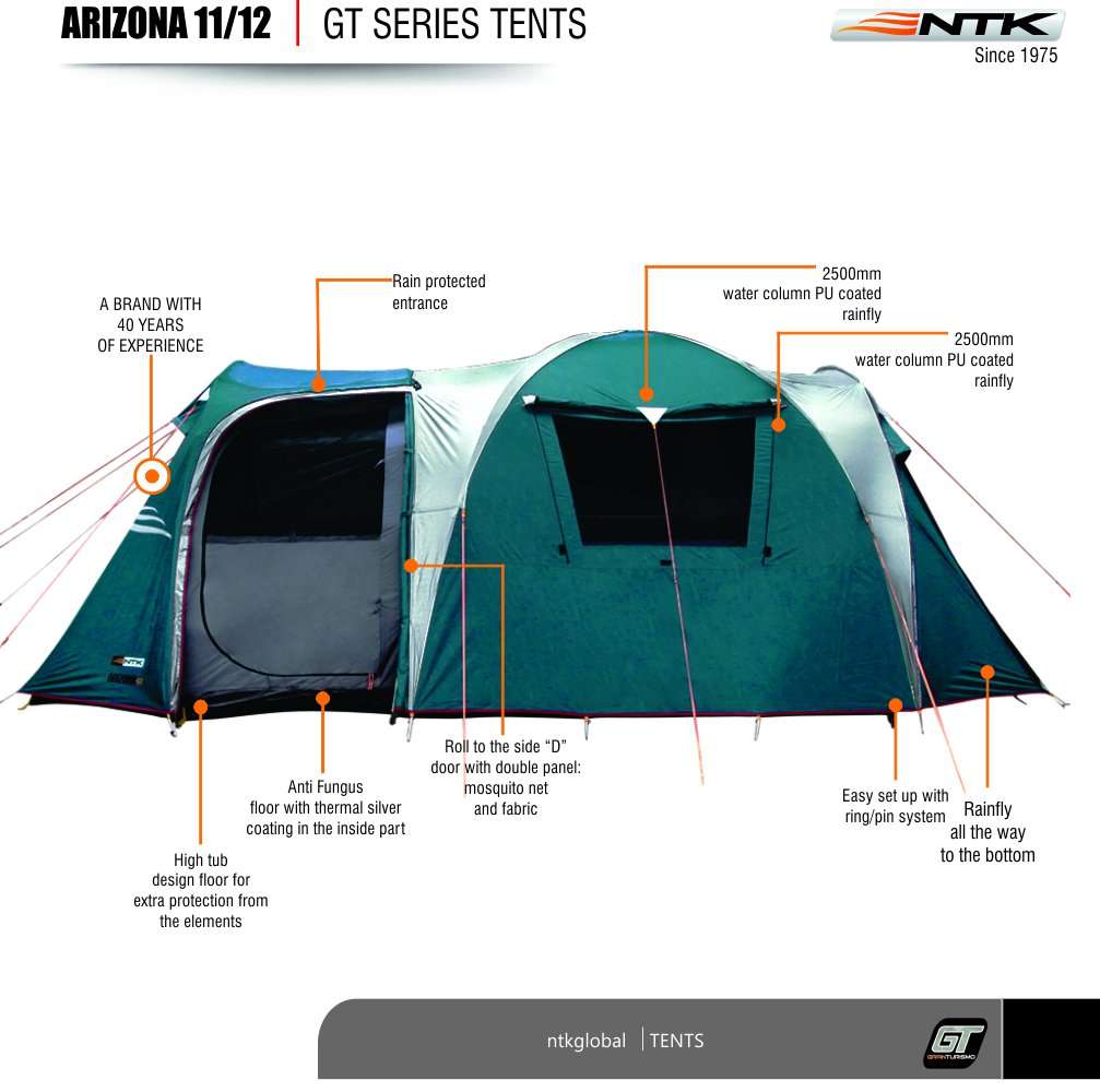 NTK Arizona GT 12 Person Tent for Family Camping | 20.6x10 ft Camping Tent with 2 Rooms, 2 Doors, 100% Waterproof Dome & Breathable Mesh | Outdoor Tent | 2500 mm Warm & Cold Weather Family Tent