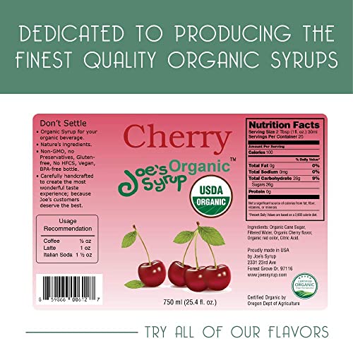 Joe’s Syrup Organic Flavored Syrup, Organic Cherry, 750 ml