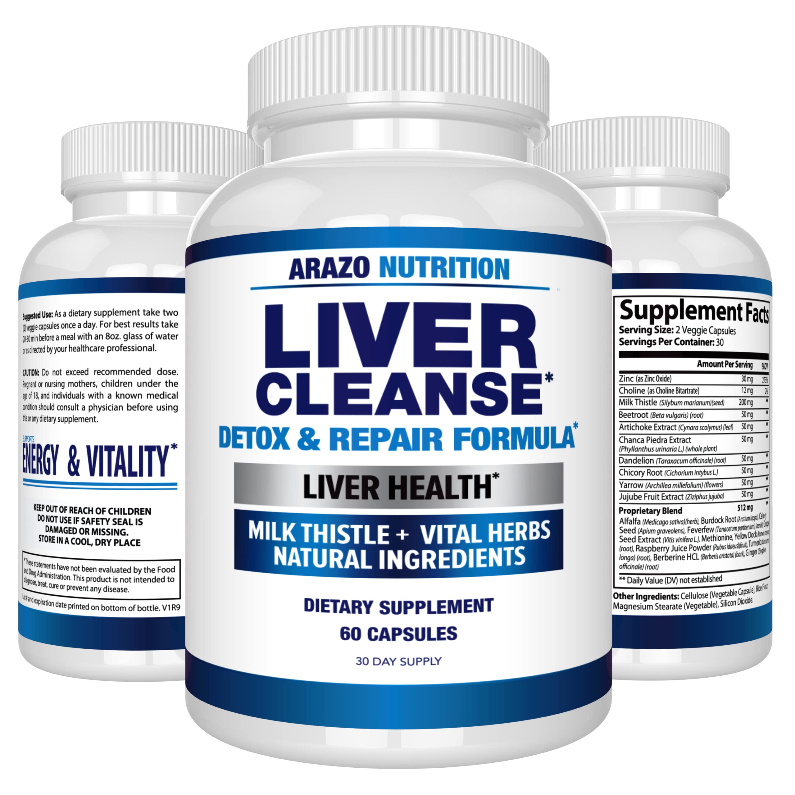 Arazo Nutrition Liver Cleanse Detox & Repair Formula – Milk Thistle Herbal Support Supplement: Silymarin, Beet, Artichoke, Dandelion, Chicory Root