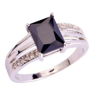 empsoul silver plated emerald shaped natural chic created black spinel & white topaz proposal wedding engagement bridal women ring size 8