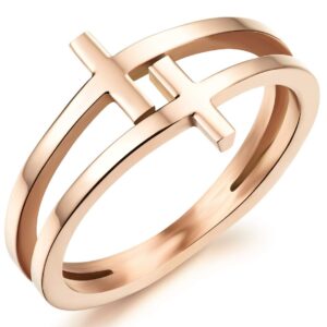 Womens Elegant 18K Rose Gold Stainless Steel Double Cross Ring Christian Fashion Wedding Engagement Band Size 7