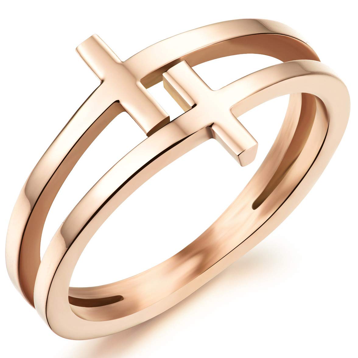 Womens Elegant 18K Rose Gold Stainless Steel Double Cross Ring Christian Fashion Wedding Engagement Band Size 8