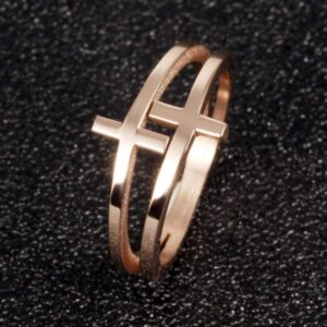 Womens Elegant 18K Rose Gold Stainless Steel Double Cross Ring Christian Fashion Wedding Engagement Band Size 8