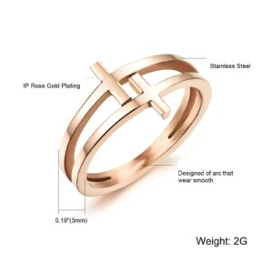 Womens Elegant 18K Rose Gold Stainless Steel Double Cross Ring Christian Fashion Wedding Engagement Band Size 7