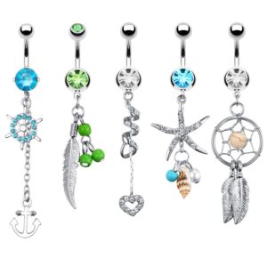 BodyJ4You 5PC Belly Button Rings Anchor Seashell Nautical Value Pack 14G Dangle Stainless Surgical Steel Barbell CZ Multicolor Crystal Girl Women Teen Gift Jewelry