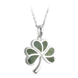 biddy murphy, women's irish shamrock, lucky three leaf clover 925 sterling silver pendant 18" inch necklace with connemara marble inlay