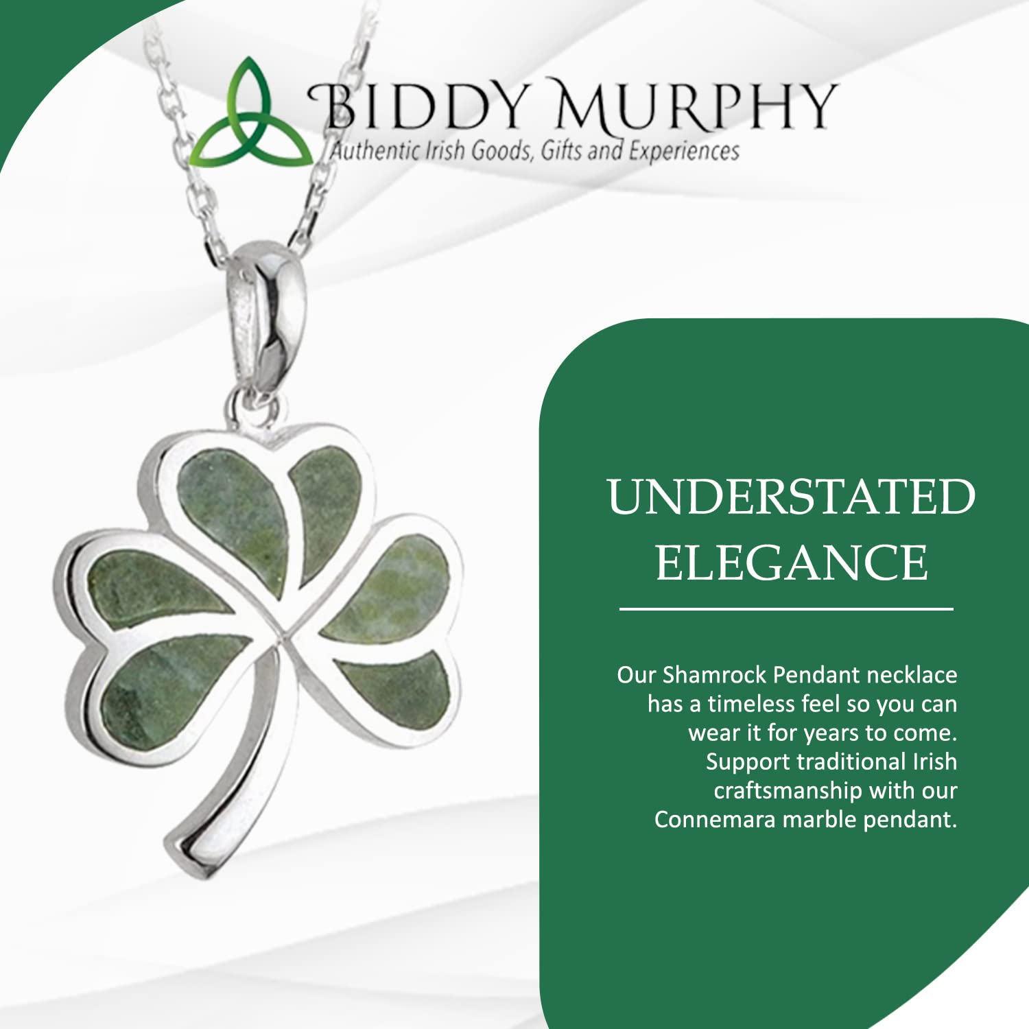 Biddy Murphy, Women's Irish Shamrock, Lucky Three Leaf Clover 925 Sterling Silver Pendant 18" Inch Necklace with Connemara Marble Inlay