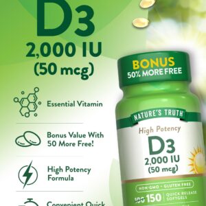 Nature's Truth Vitamin D3 2000 IU Softgels | 150 Count | High Potency | Non-GMO and Gluten Free Supplement