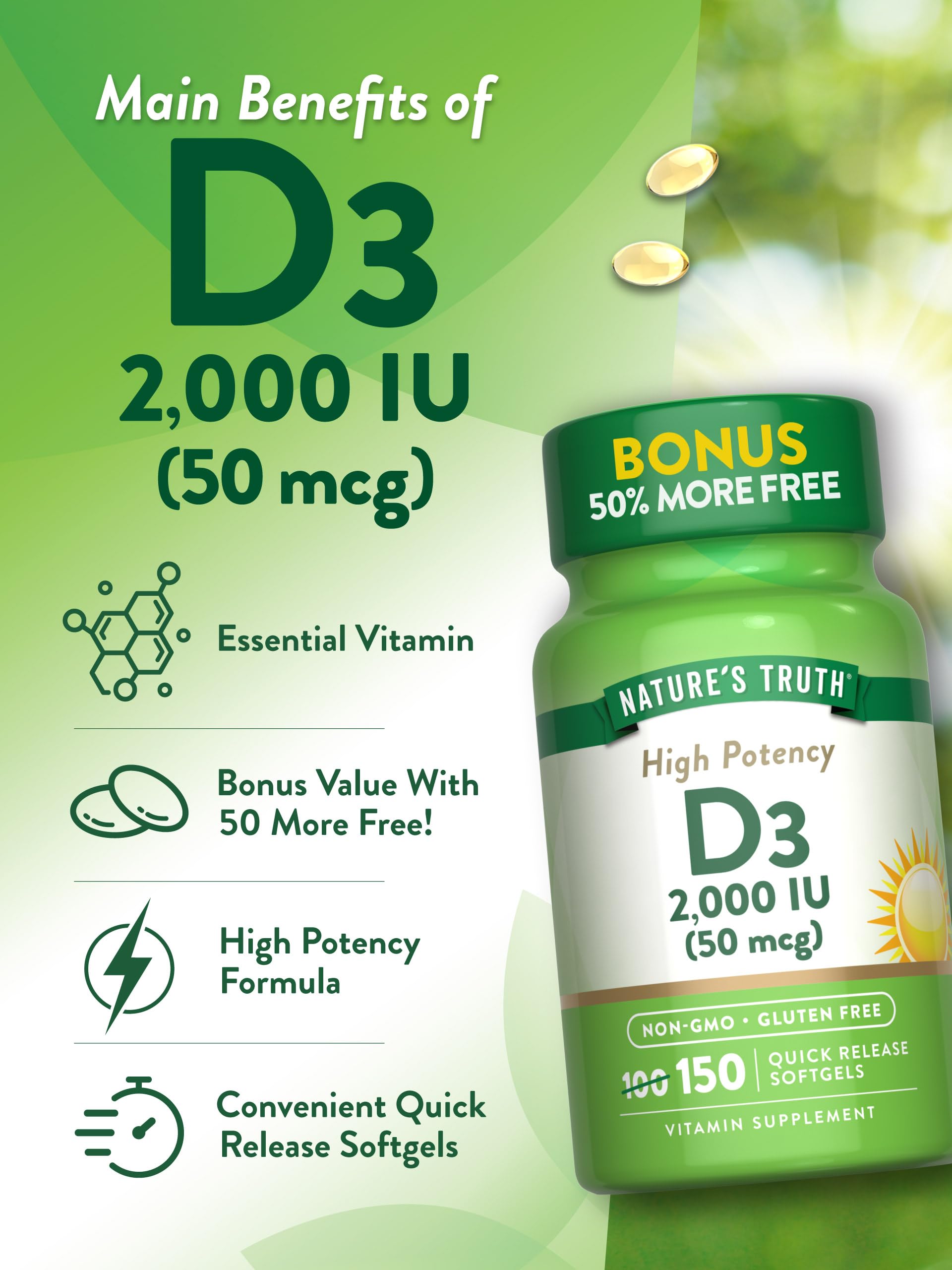 Nature's Truth Vitamin D3 2000 IU Softgels | 150 Count | High Potency | Non-GMO and Gluten Free Supplement