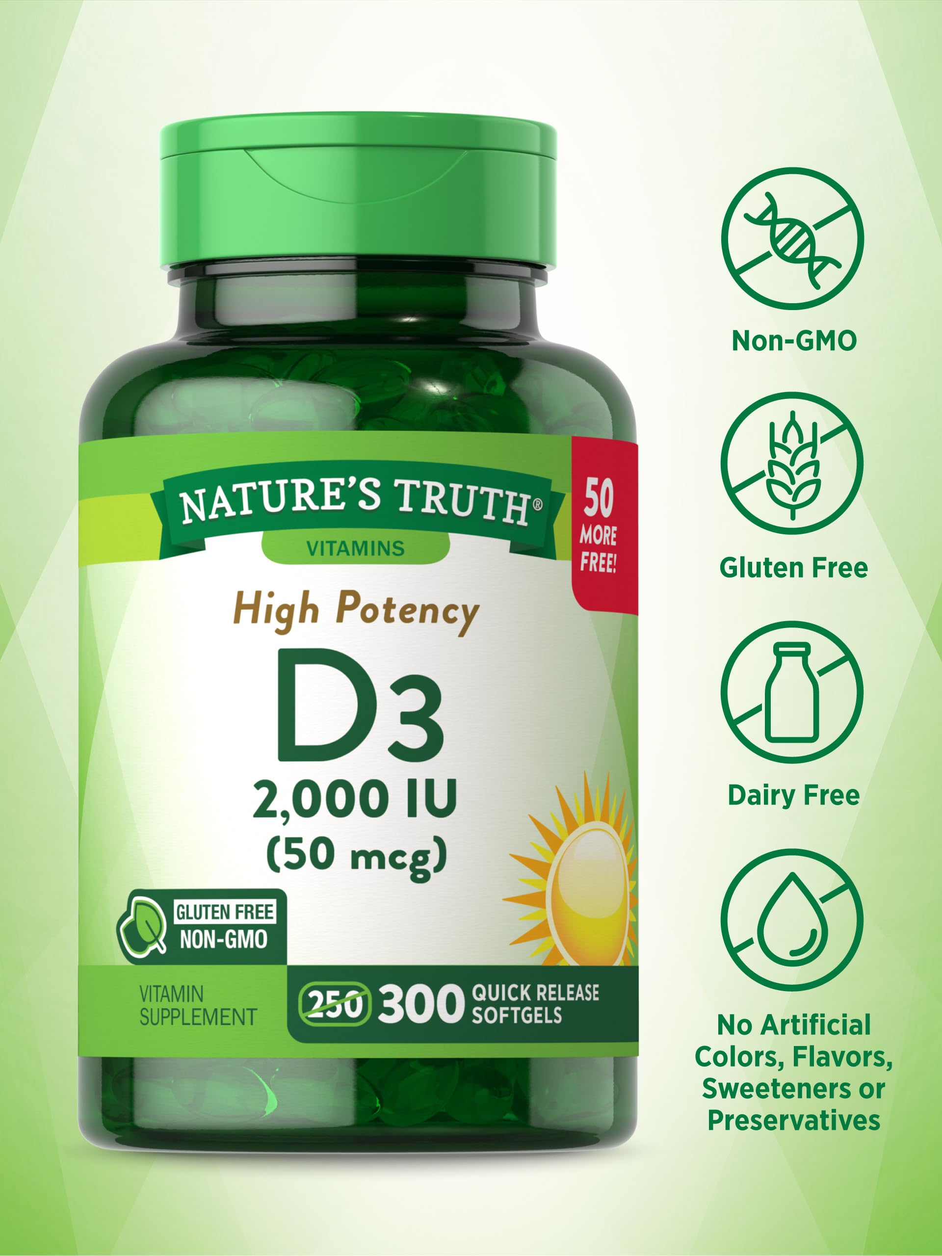 Vitamin D3 2000 IU | 300 Softgels | High Potency Formula | Non-GMO and Gluten Free Supplement | by Nature's Truth