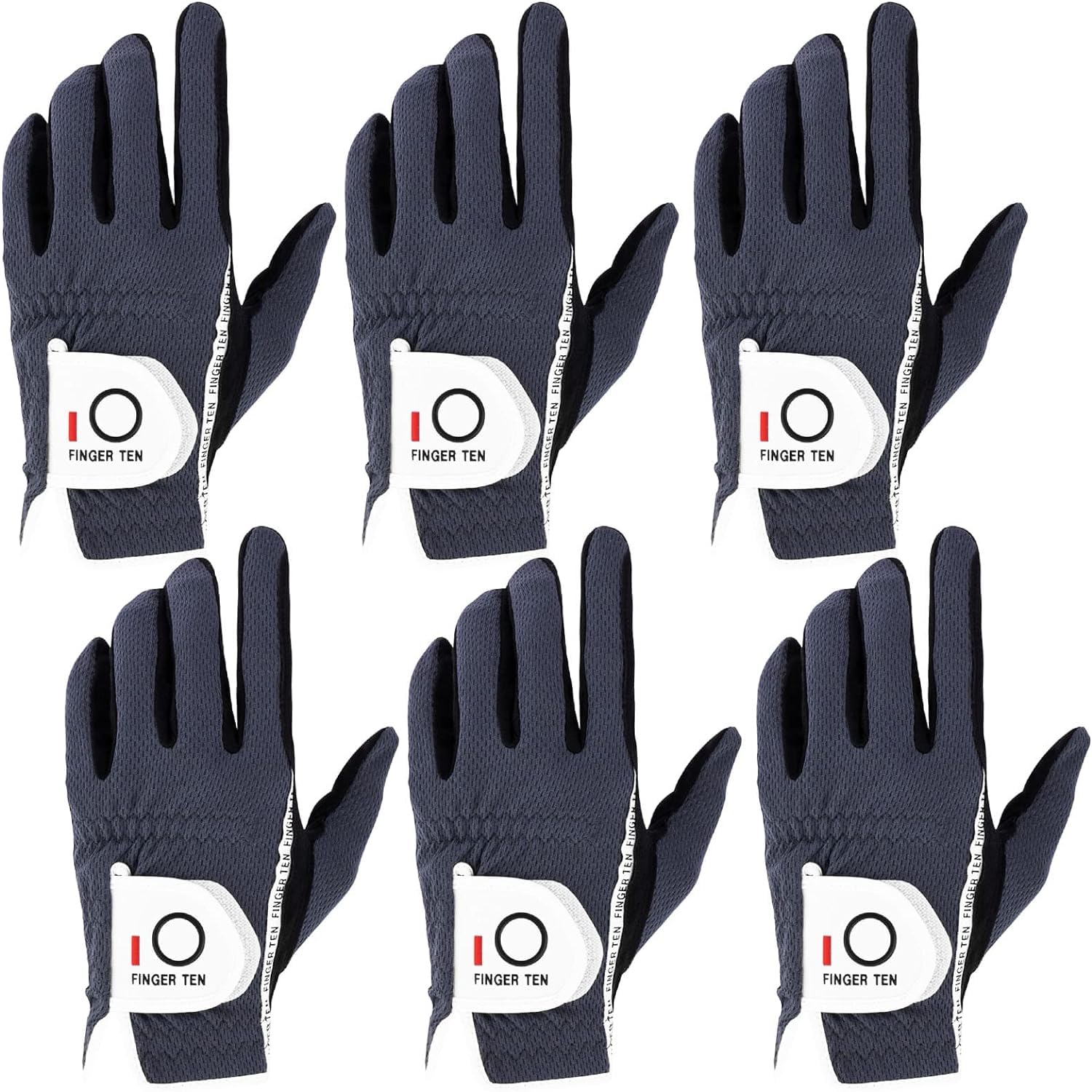 FINGER TEN Golf Gloves Men Right Left Handed Golfer Mens Glove RainGrip Hot Wet Weather Value 6 Pack, All Weather in Grey Medium/Large (Grey, Medium/Large, Left)