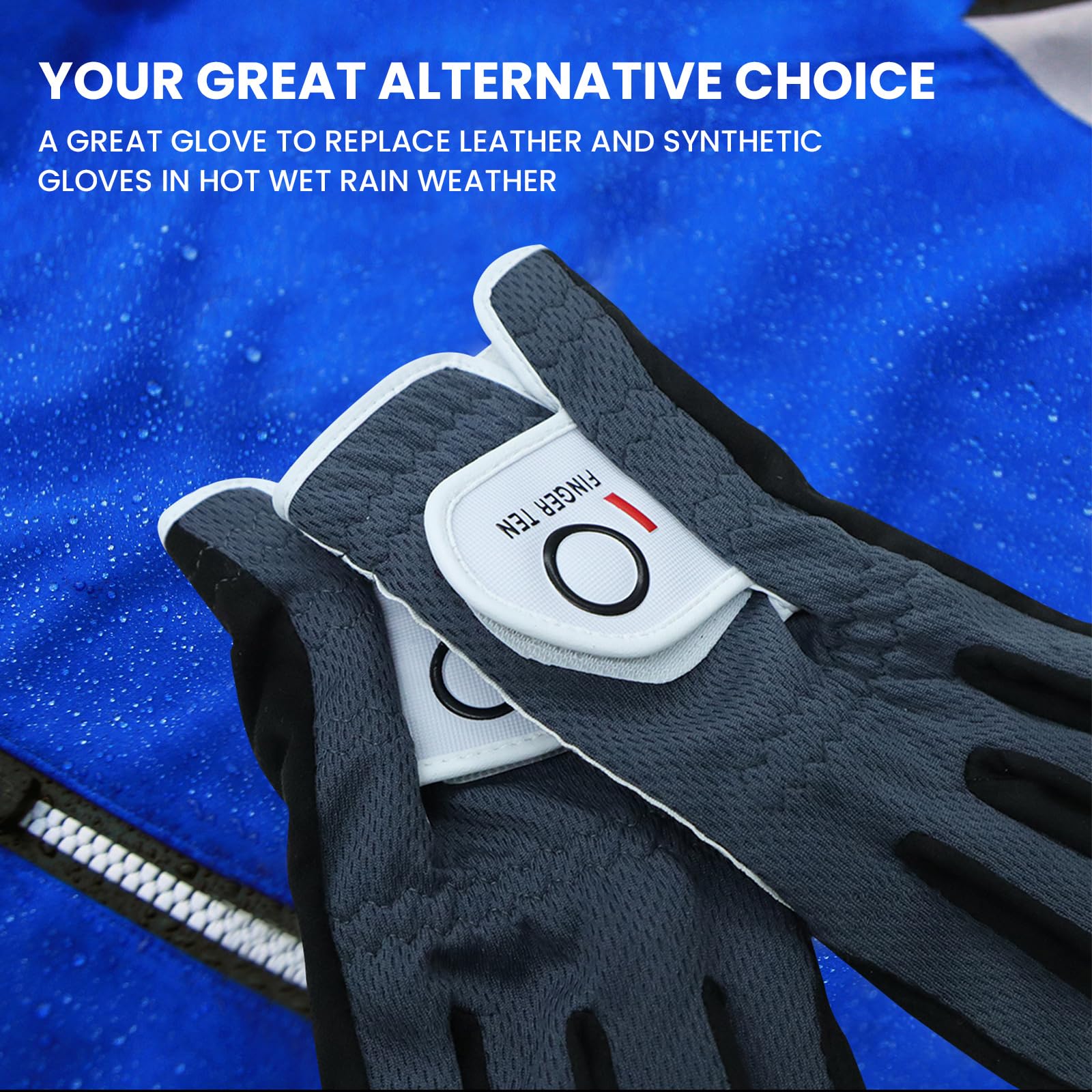 FINGER TEN Golf Gloves Men Right Left Handed Golfer Mens Glove RainGrip Hot Wet Weather Value 6 Pack, All Weather in Grey Medium/Large (Grey, Medium/Large, Left)