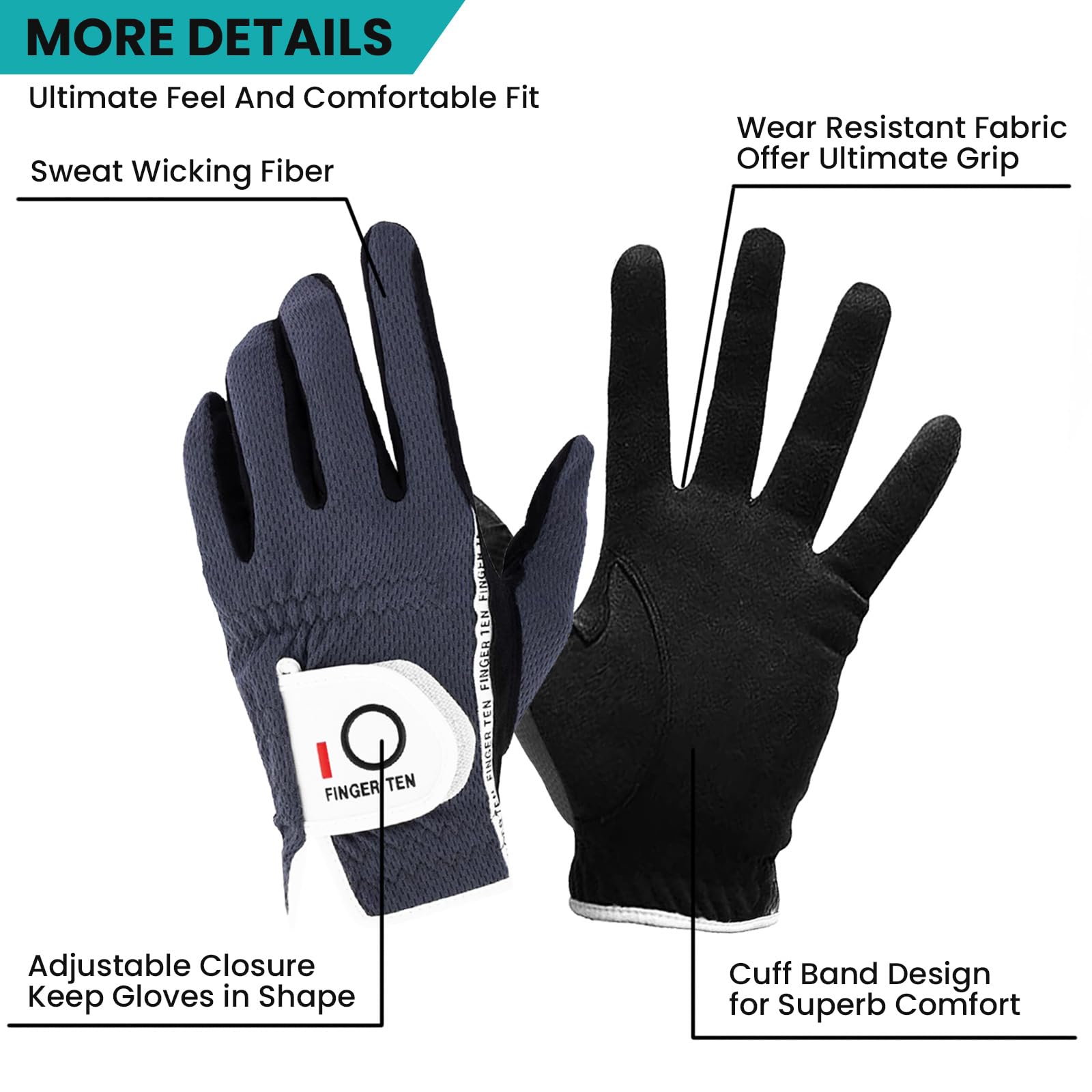 FINGER TEN Golf Gloves Men Right Left Handed Golfer Mens Glove RainGrip Hot Wet Weather Value 6 Pack, All Weather in Grey Medium/Large (Grey, Medium/Large, Left)