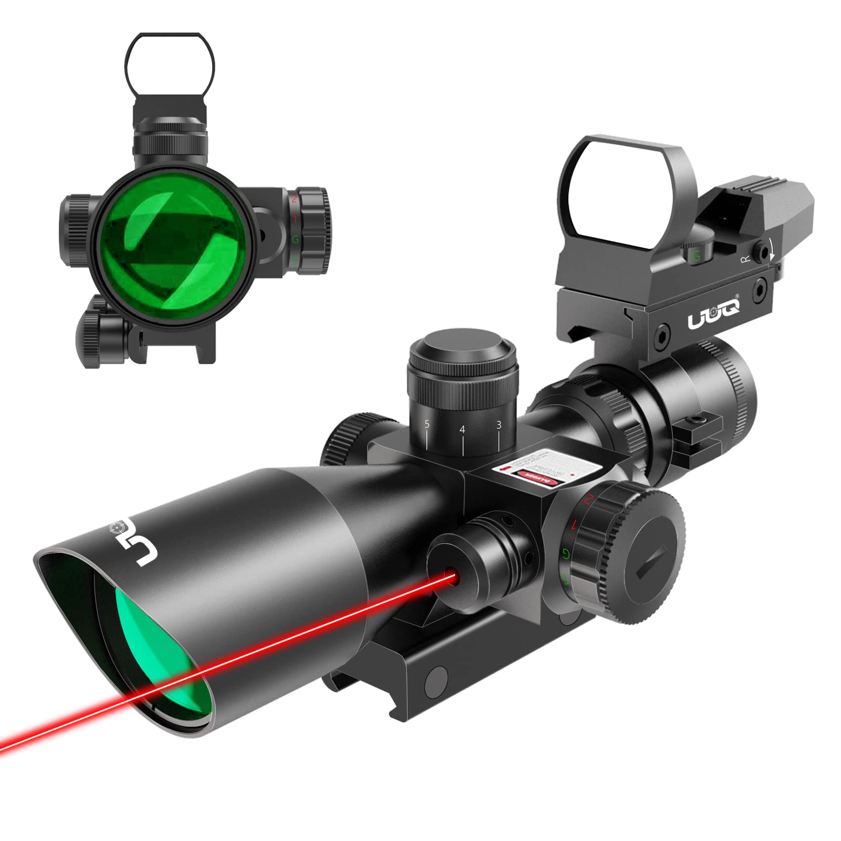 UUQ 2.5-10x40 Combo Rifle Scope, Dual Illuminated Mil-dot Reticle, W/Mini Reflex 3 MOA Red Dot Sight and Laser Sight (Red Laser)