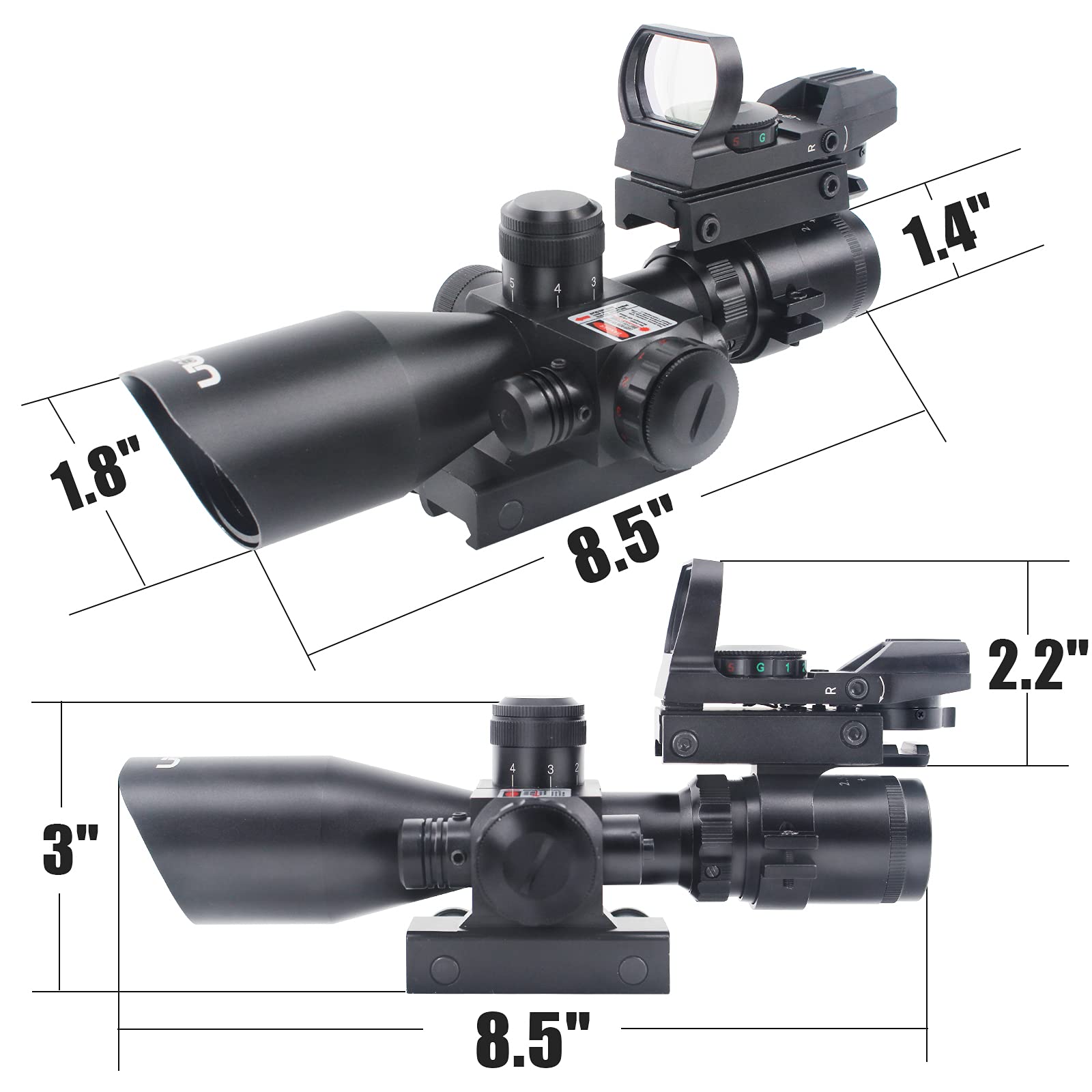 UUQ 2.5-10x40 Combo Rifle Scope, Dual Illuminated Mil-dot Reticle, W/Mini Reflex 3 MOA Red Dot Sight and Laser Sight (Red Laser)