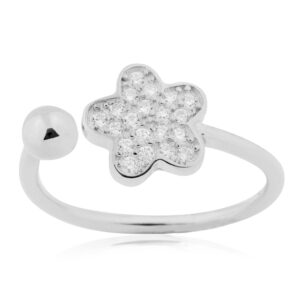 unicornj sterling silver 925 flower open ring with pave cubic zirconia adjustable