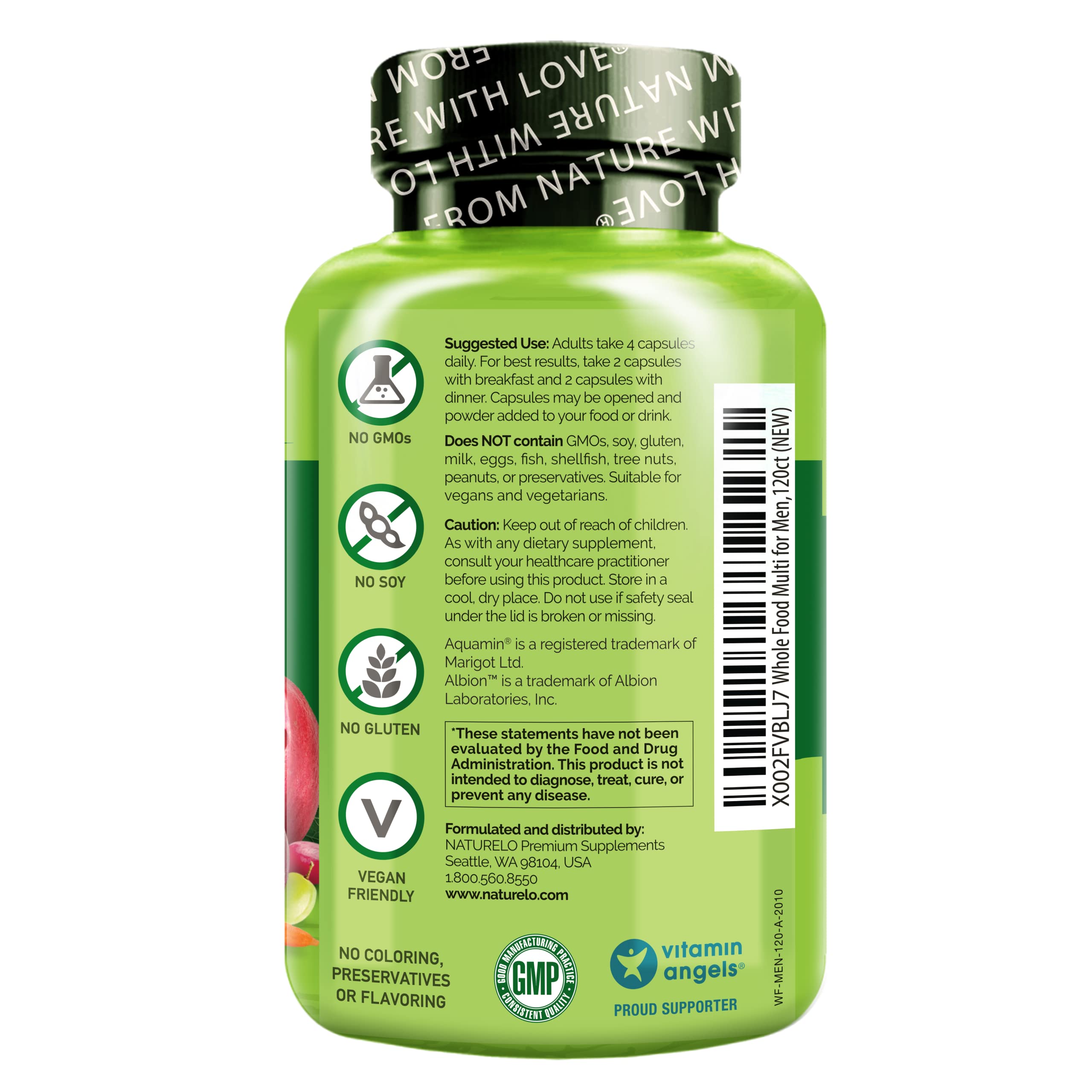 NATURELO Mens Multivitamins - Whole Food Multivitamin for Men with Vitamins, Minerals - 120 Vegetarian Capsules for Energy, Brain, Heart, Eye Health*