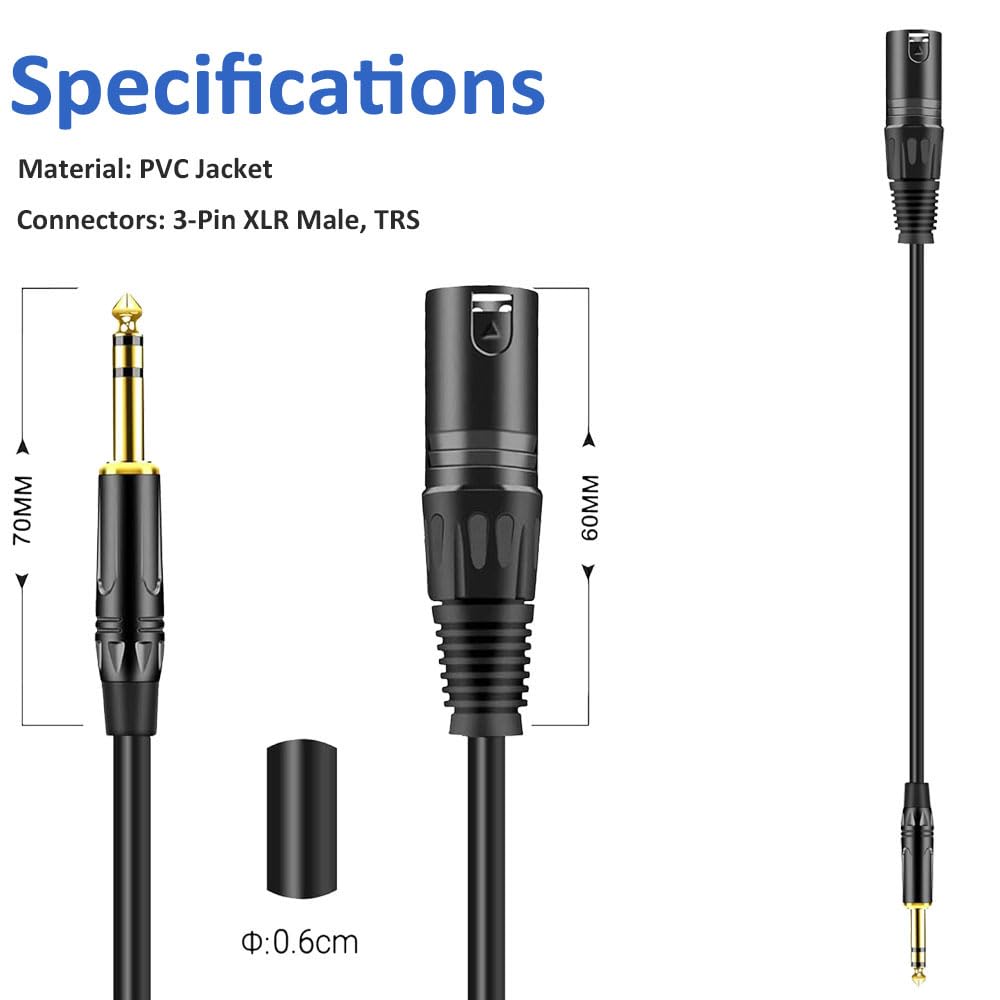 DREMAKE 25 FT 6.35 mm 1/4 Inch TRS Male to XLR Male Audio Stereo Mic Cable - Gold Plated 1/4 Inch Male to XLR Male Balanced Cable for Microphones, Speakers, Stage, DJ and More - Black