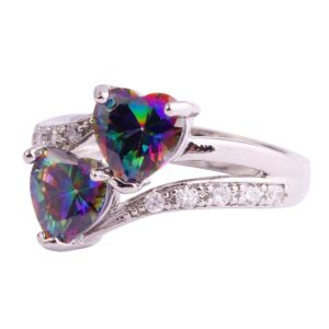 Empsoul 925 Silver Plated Heart Shaped Ring Classic Rainbow Topaz Double Heart Proposal Wedding Engagement Ring for Women Size 8