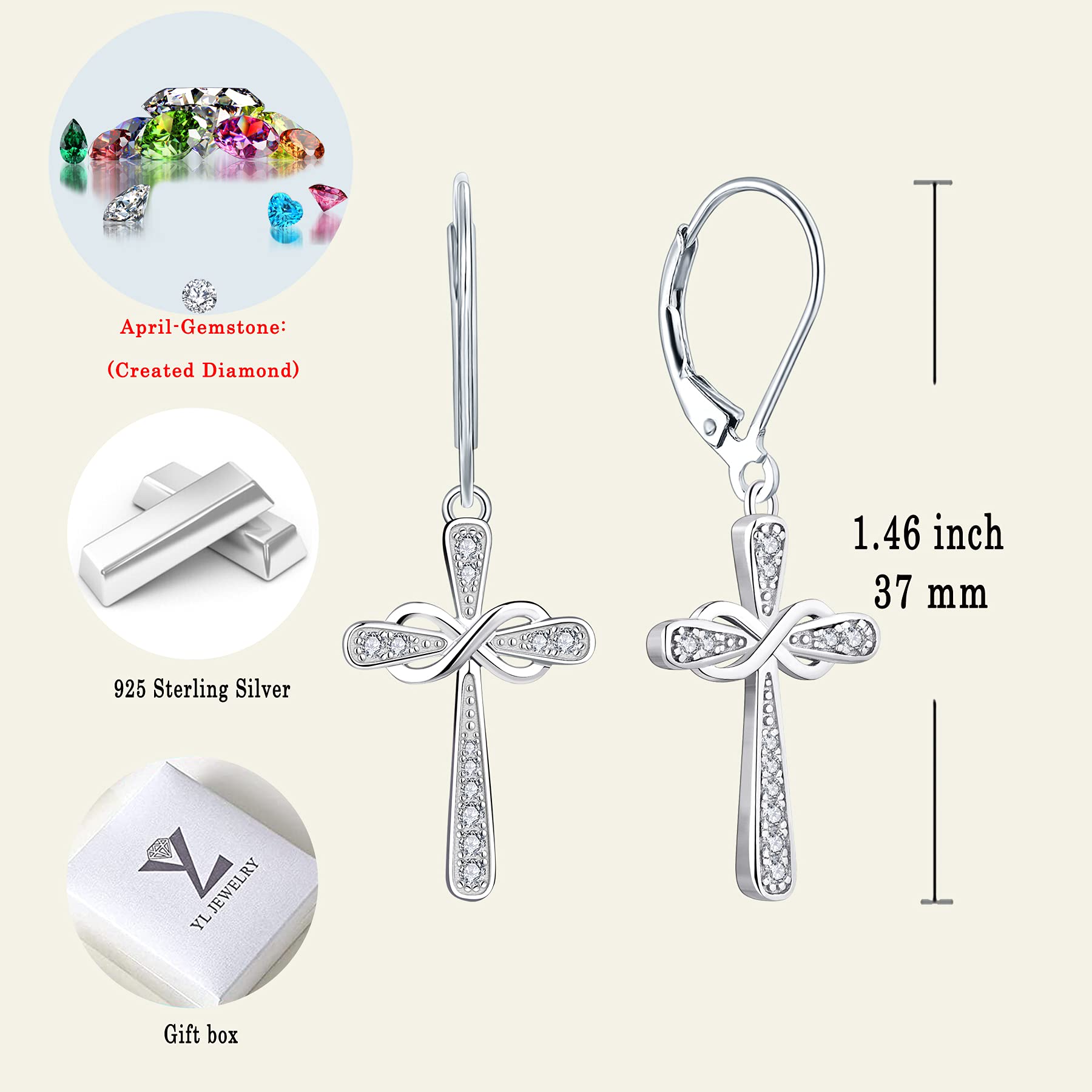 YL Cross Earrings Sterling Silver Infinity Dangle Drop Earrings Cubic Zirconia Criss Leverback Jewelry