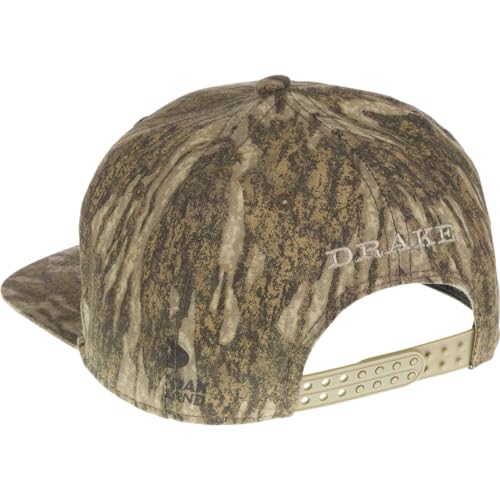 Drake Waterfowl Camo Flat Bill Cap - Hunting Low-Profile Six-Panel Design Cotton Logo Cap with Adjustable Snapback Closure, One Size Fits Most, Mossy Oak Bottomland