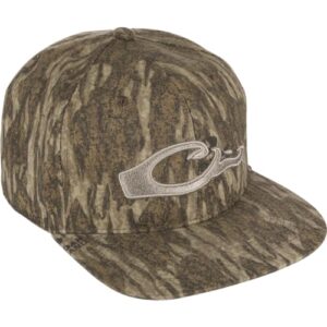 drake waterfowl camo flat bill cap - hunting low-profile six-panel design cotton logo cap with adjustable snapback closure, one size fits most, mossy oak bottomland