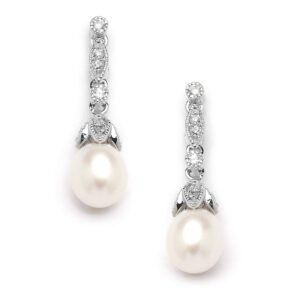 mariell cultured freshwater pearl bridal drop earrings with cubic zirconia crystals, ivory pearl wedding earring for brides, bridesmaids, mother of the bride and everyday wear