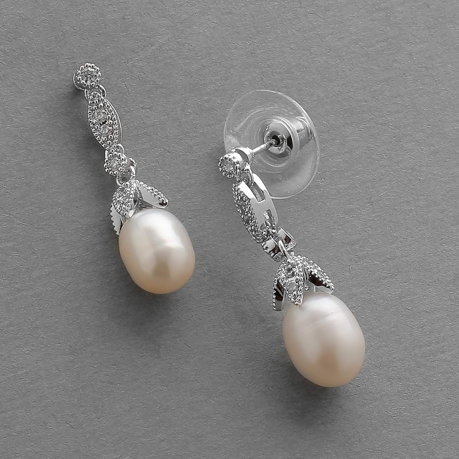 Mariell Cultured Freshwater Pearl Bridal Drop Earrings with Cubic Zirconia Crystals, Ivory Pearl Wedding Earring for Brides, Bridesmaids, Mother of the Bride and Everyday Wear