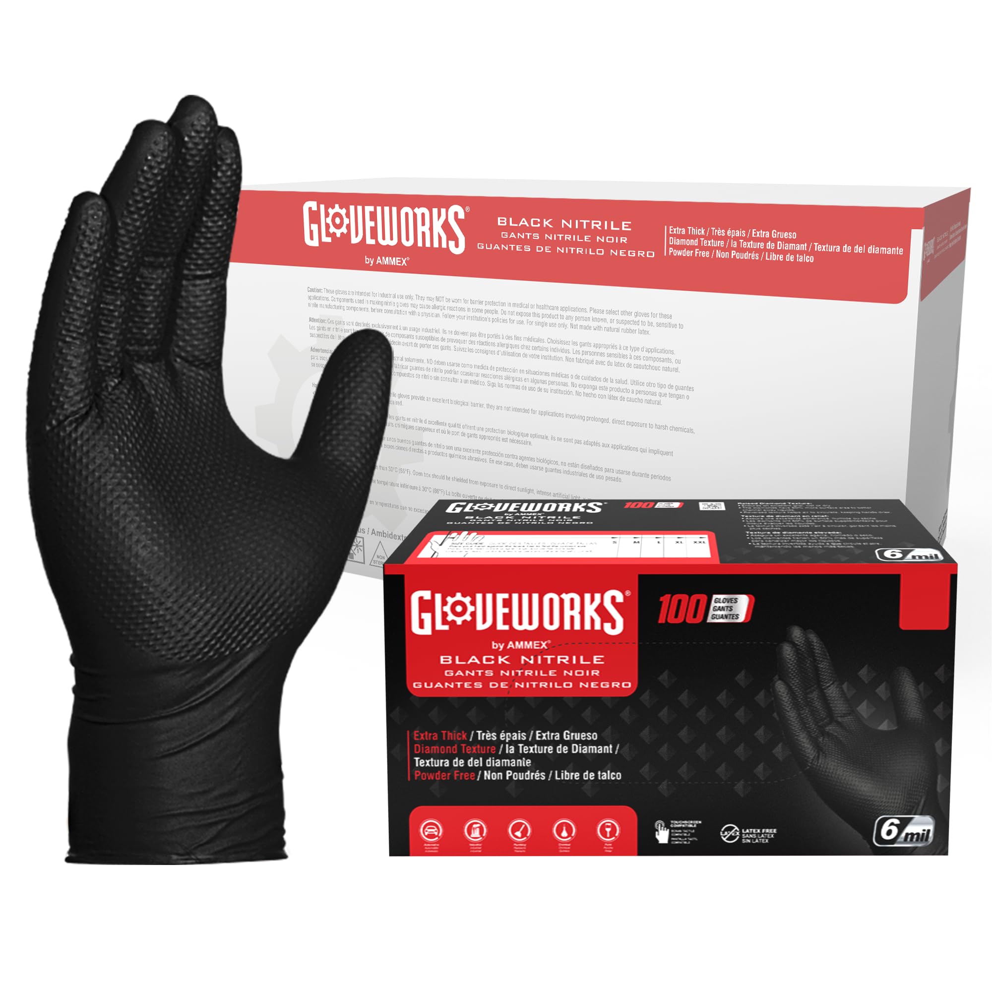 GLOVEWORKS HD Black Nitrile Industrial Disposable Gloves, 6 Mil, Latex-Free, Raised Diamond Texture, X-Large, Case of 1000