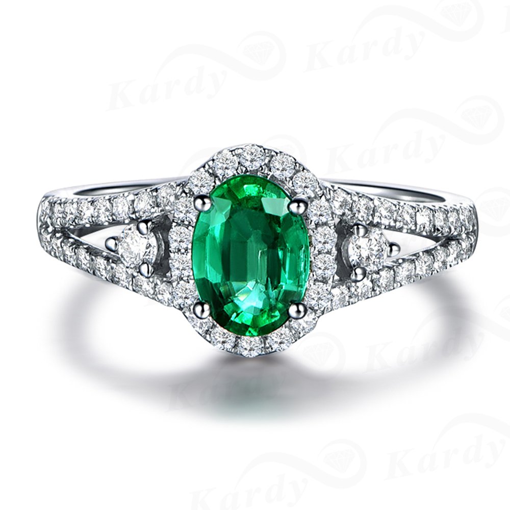 Genuine Natural Emerald Gemstone Oval Cut Solid 14K White Gold Diamond Wedding Engagement Promise Band Ring for Women