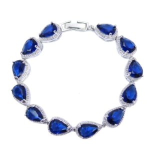 SELOVO Sapphire Color Dark Navy Blue Stone Teardrop Link Tennis Bracelet for Women Silver Tone