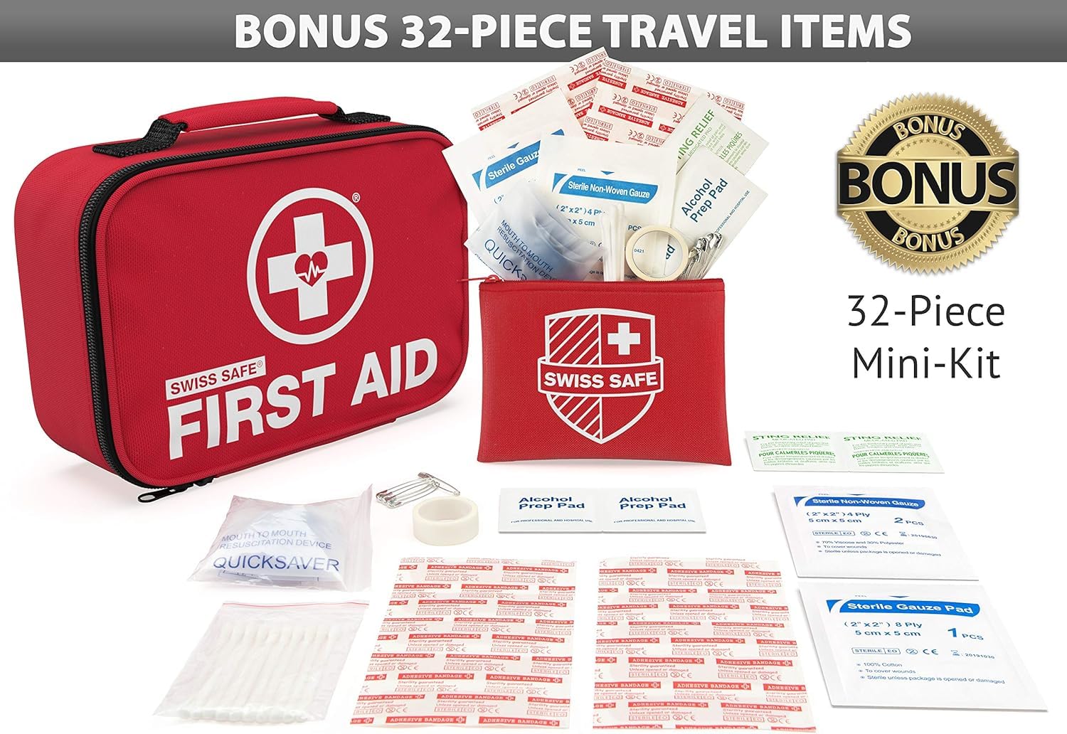 Swiss Safe 2-in-1 First Aid Kit for Car, Travel & Home, Businesses - Bonus Mini Kit for Medical Emergency Aid, Survival, Camping - FSA & HSA Eligible 120+32-Pcs, 1Pk -Red-Small+Travel