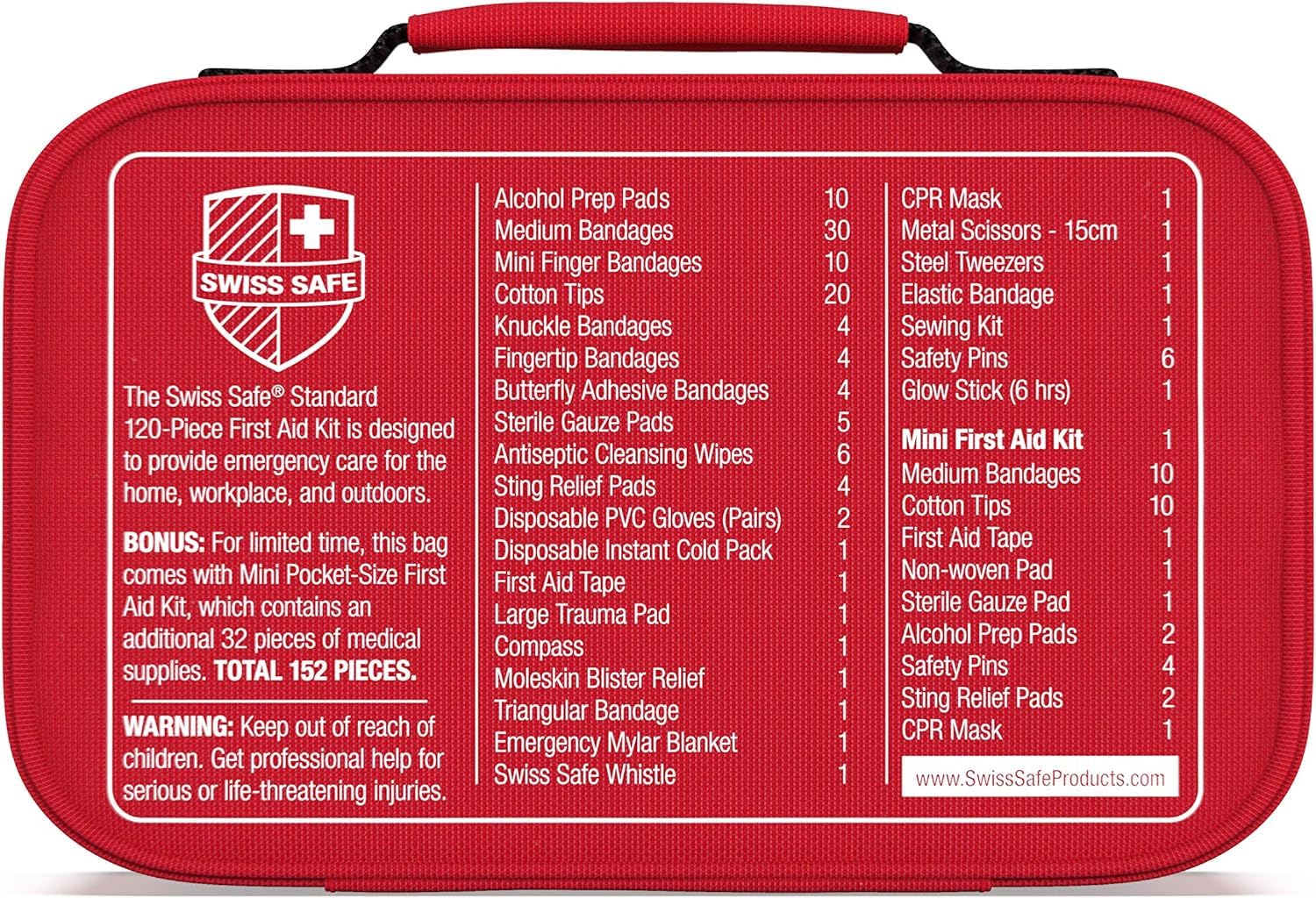 Swiss Safe 2-in-1 First Aid Kit for Car, Travel & Home, Businesses - Bonus Mini Kit for Medical Emergency Aid, Survival, Camping - FSA & HSA Eligible 120+32-Pcs, 1Pk -Red-Small+Travel