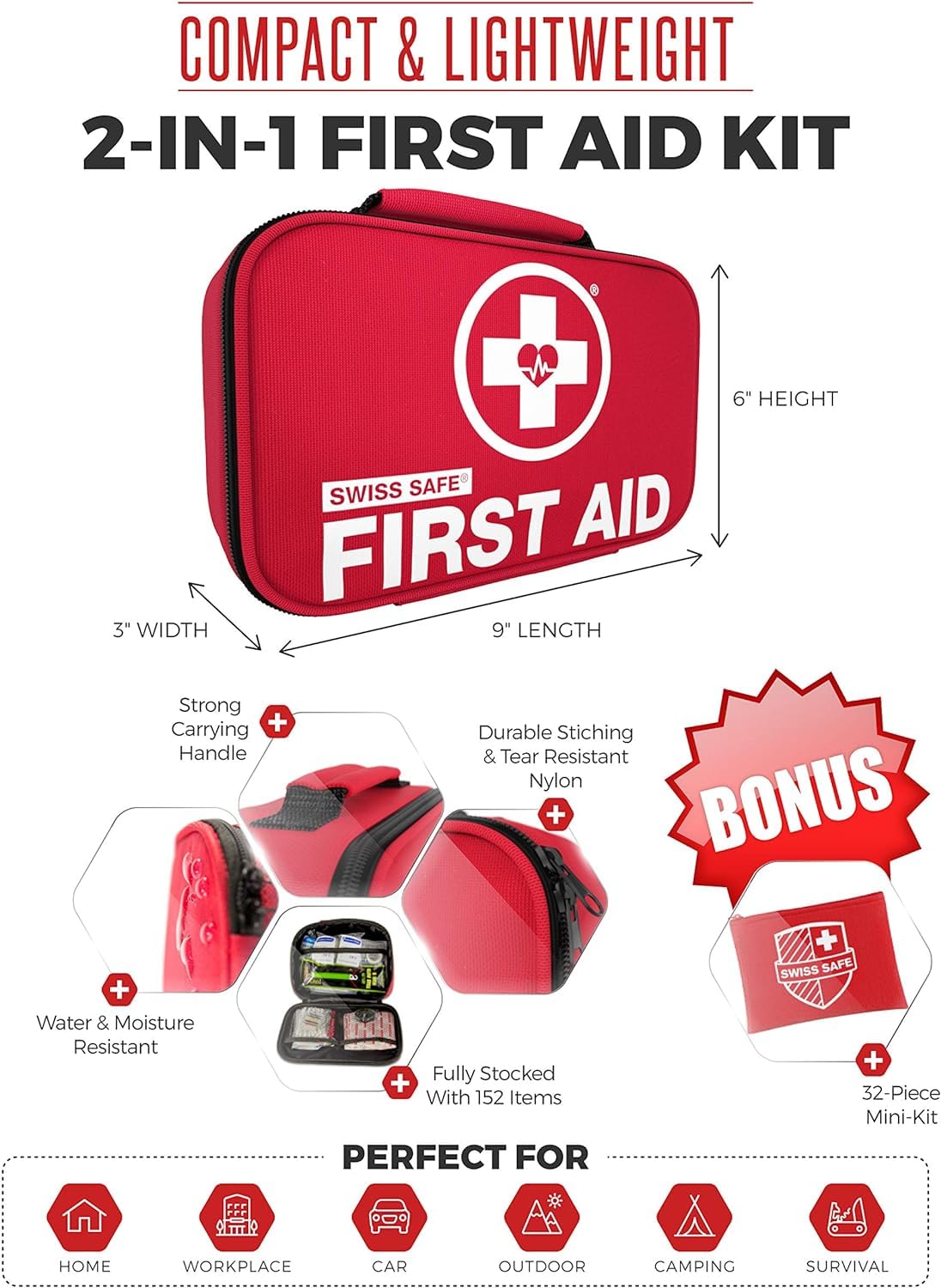 Swiss Safe 2-in-1 First Aid Kit for Car, Travel & Home, Businesses - Bonus Mini Kit for Medical Emergency Aid, Survival, Camping - FSA & HSA Eligible 120+32-Pcs, 1Pk -Red-Small+Travel