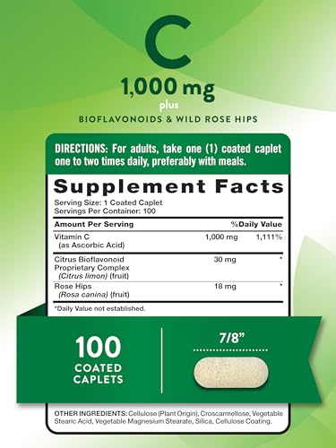 Vitamin C Bioflavonoids & Rose Hips | 1000mg | 100 Caplets | Vegetarian, Non-GMO, Gluten Free | by Nature's Truth