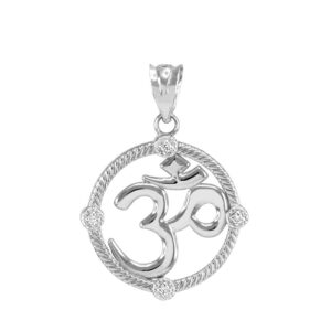 10k White Gold Diamond Roped Medallion Yoga Om Charm Pendant