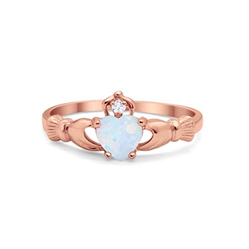 Blue Apple Co. Irish Claddagh Heart Promise Ring Lab Created Round Rose Tone, Lab White Opal Cubic Zirconia 925 Sterling Silver Size-10