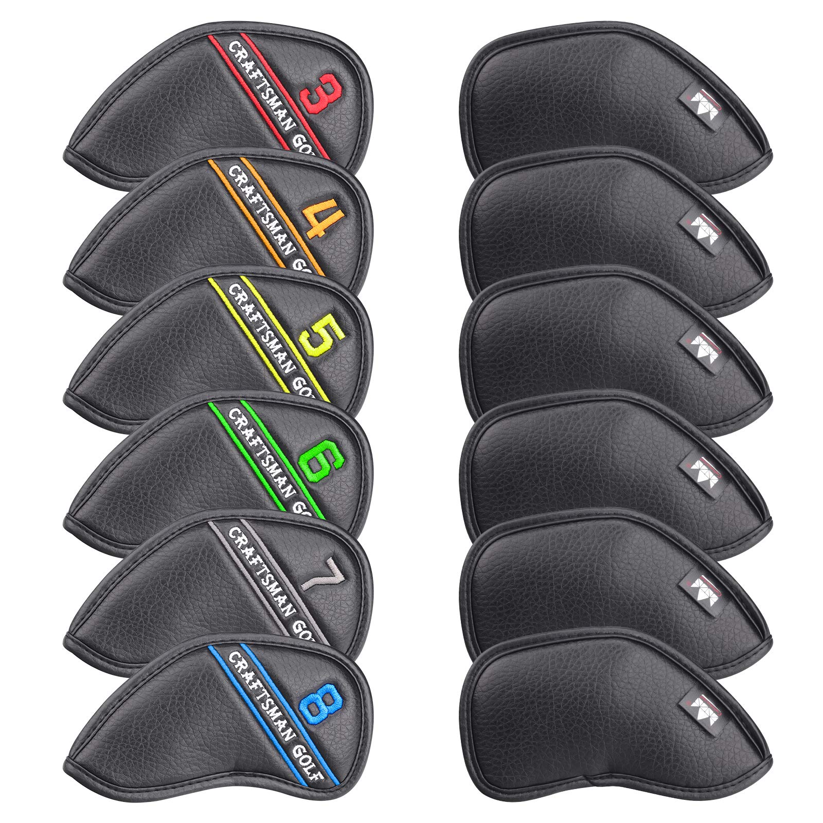 CRAFTSMAN GOLF Left Handed 12pcs Black Synthetic Leather Golf Iron Head Covers Set Headcover with Colorful Number Embroideried,Easily get The Needed Iron for Callaway Ping Taylormade Cobra Etc.