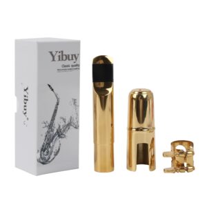 Yibuy Gold Plated Brass B-flat Tenor Saxophone Sax Mouthpiece with Cap Ligature 7#