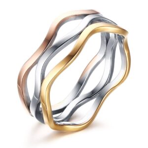 VNOX Womens Girls Stainless Steel Tri-color Wave Band Ring for Wedding Promise Engagement,Size 9