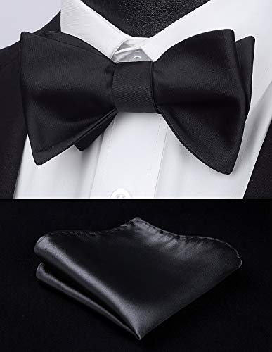 HISDERN Bow Ties for Men Solid Black Self Tie Bow Tie & Pocket Square Set Classic Formal Satin Bow ties for Tuxedo Wedding Party