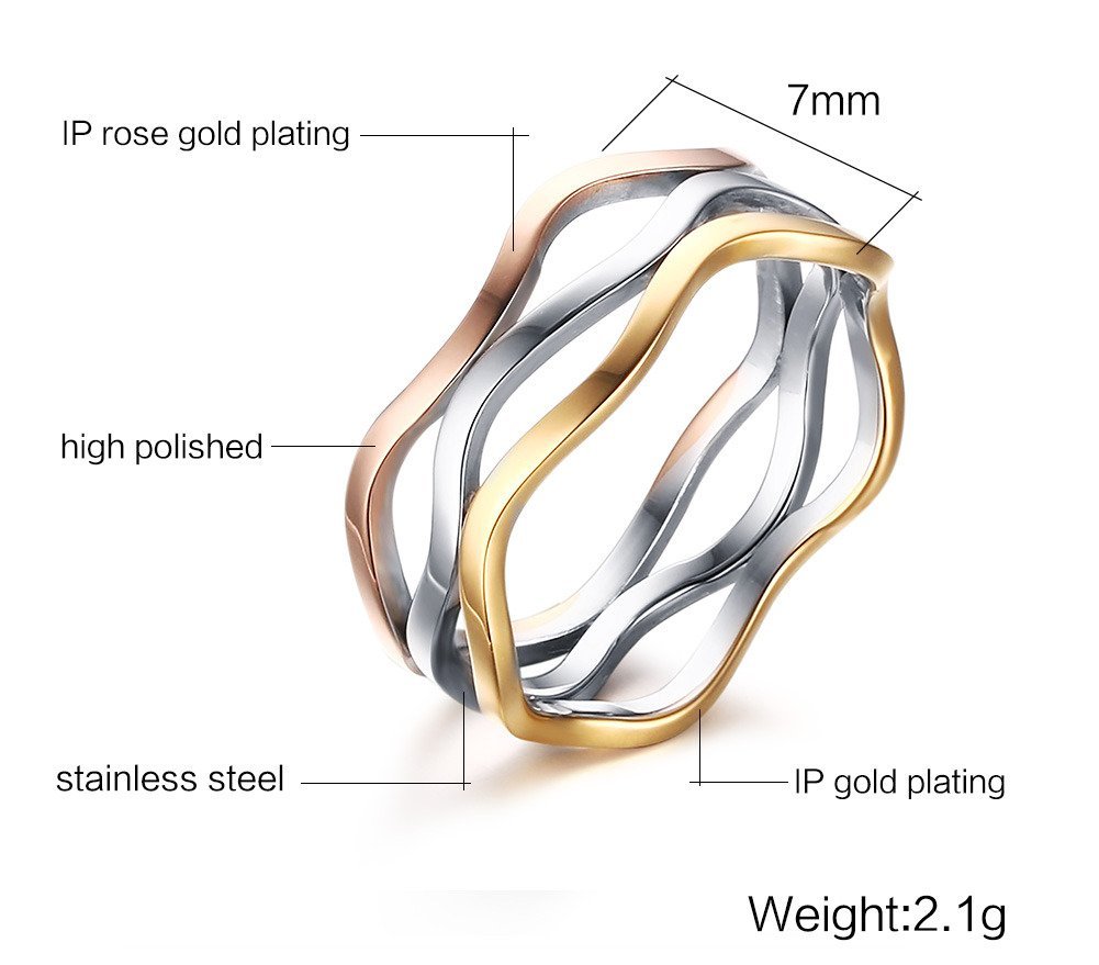 VNOX Womens Girls Stainless Steel Tri-color Wave Band Ring for Wedding Promise Engagement,Size 9