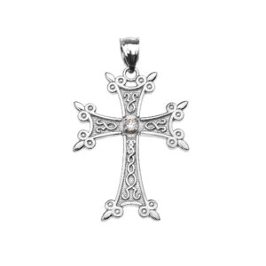 Religious Jewelry Solitaire Diamond Armenian Cross Pendant in Sterling Silver