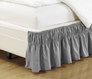 mk collection wrap around style easy fit elastic bed ruffles bed-skirt queen-king solid grey new