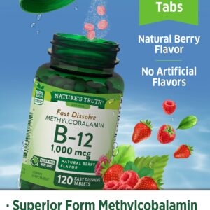 B12 Vitamin Sublingual Tablets | 1000 mcg | 120 Count | Vegetarian, Non-GMO & Gluten Free | Nature's Truth